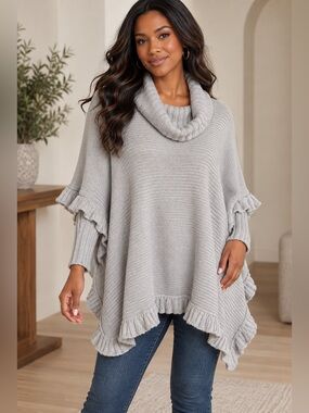 Alya grey cowl neck knit poncho ruffles ribbed sleeves cotton S/M oversized